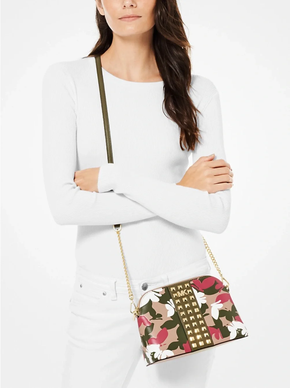 Michael Kors Large Butterfly Camo Leather Dome Crossbody - Picture 2 of 3